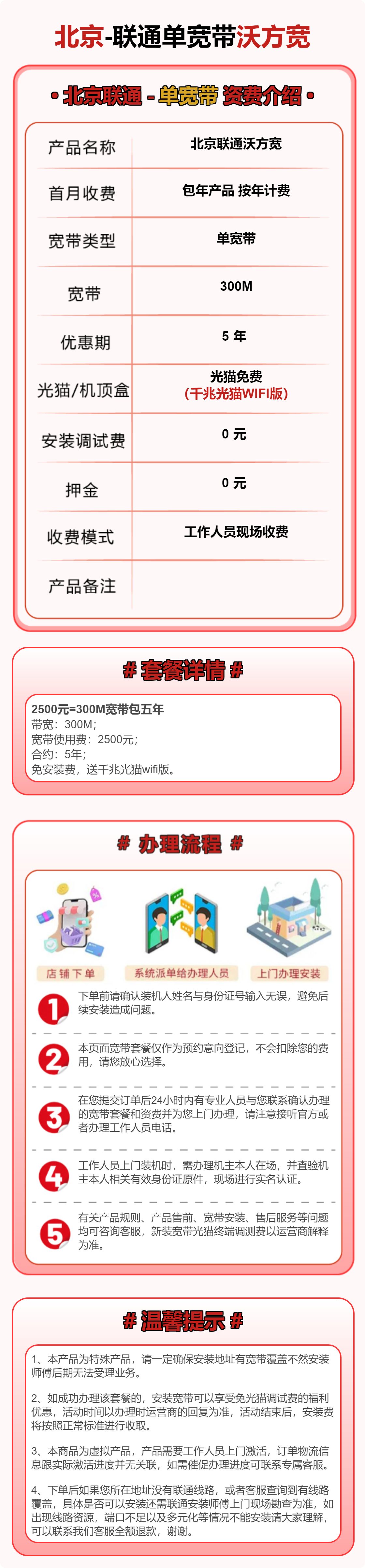 北京联通沃方宽300M2500元包5年 套餐详情图