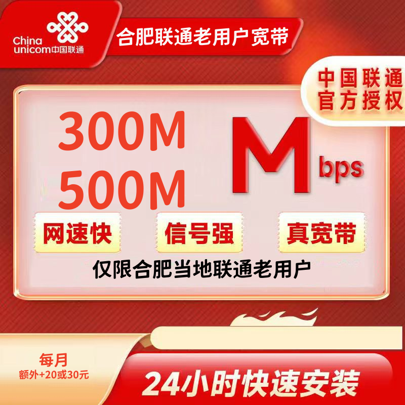合肥联通老用户每月+20/30=300M或500M（包安装费）