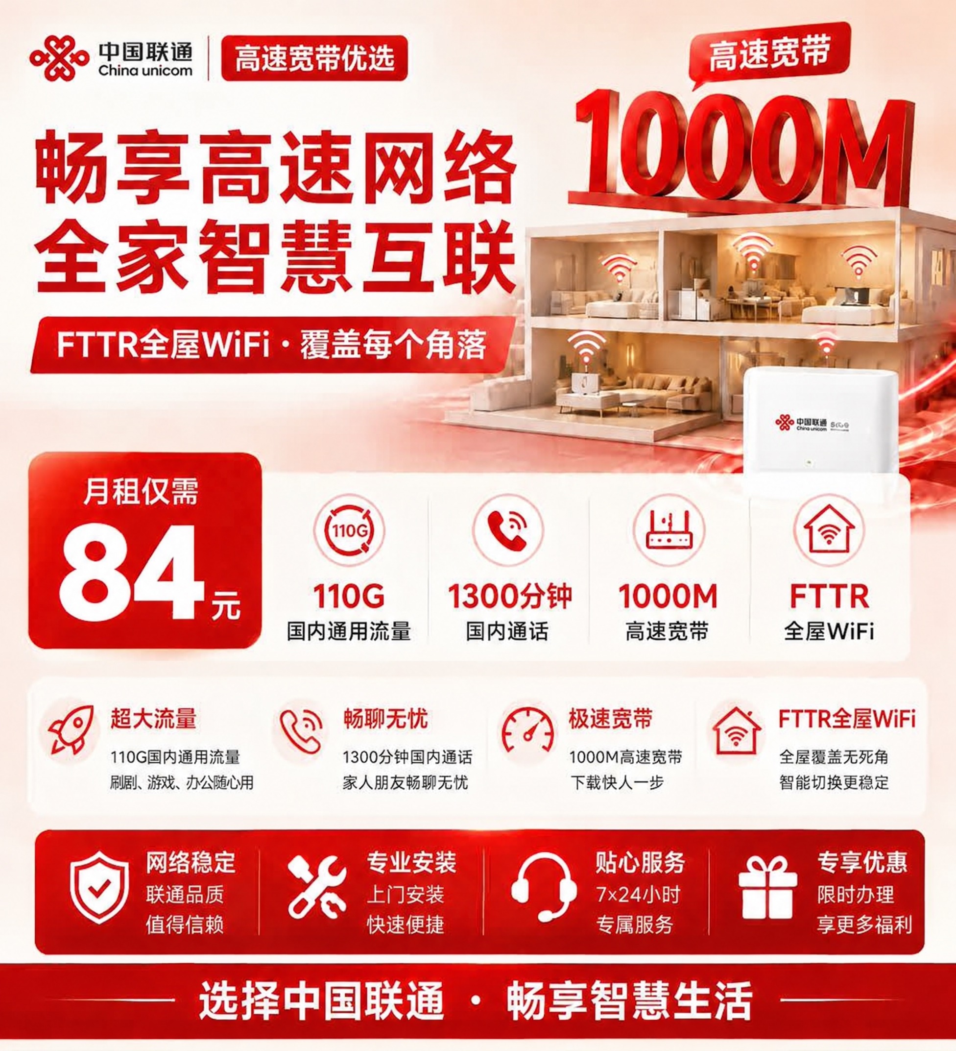 青岛联通1000M光网宽带融合套餐
