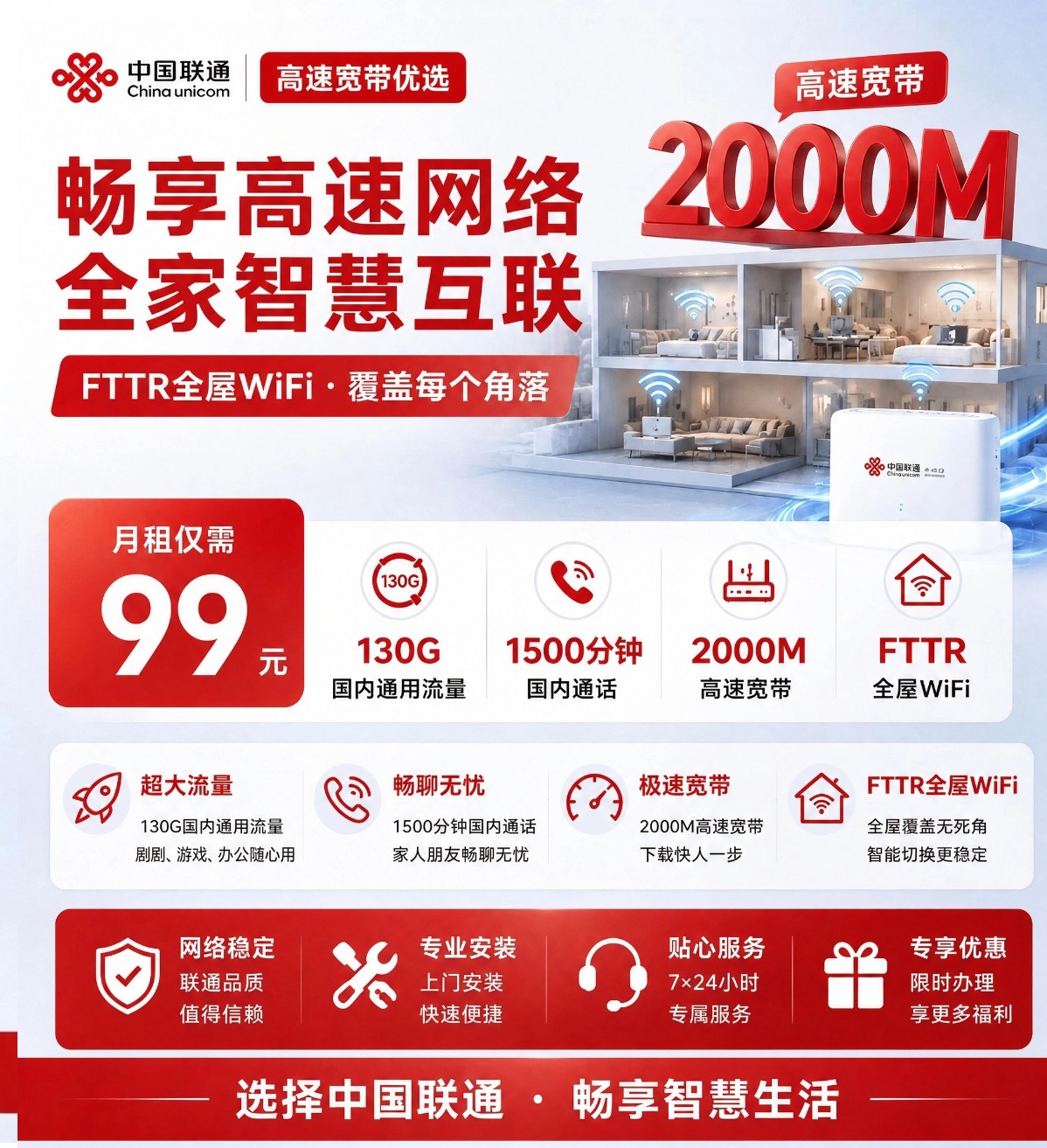 青岛联通2000M光网宽带融合套餐