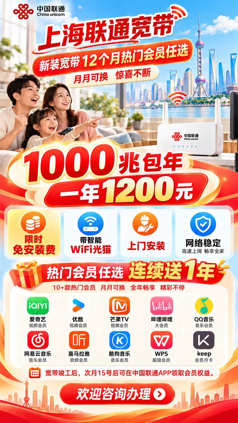 上海联通单宽带1000兆