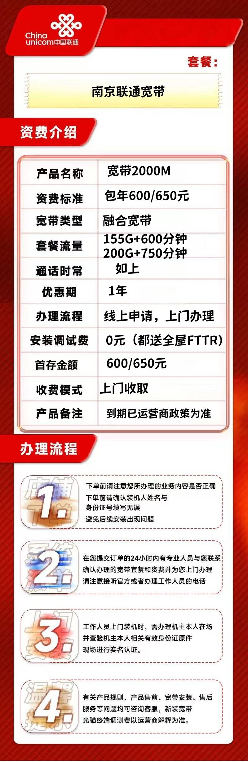 南京联通包年2000M一年600元/650元（每月155G/200G通用+600/750分钟＋FTTR一主一副+2/4免费副卡） 套餐详情图