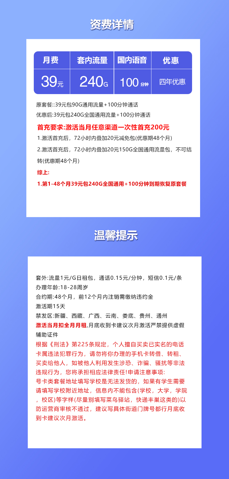 联通飞芳卡【39元240G+100分钟】详情图