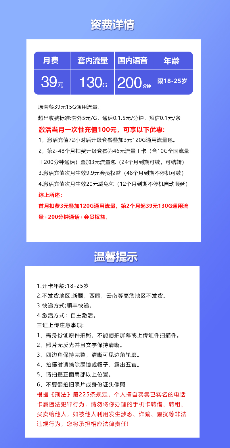 联通飞属卡【39元130G+200分钟+会员】详情图
