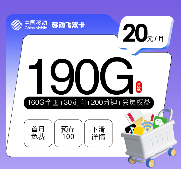 移动飞双卡【20元190G+200分钟+会员】