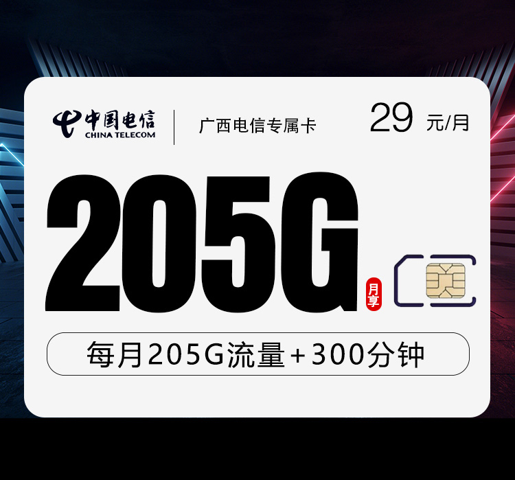 广西电信专享卡【29元205G+300分钟】 广西电信专享卡【29元205G+300分钟】