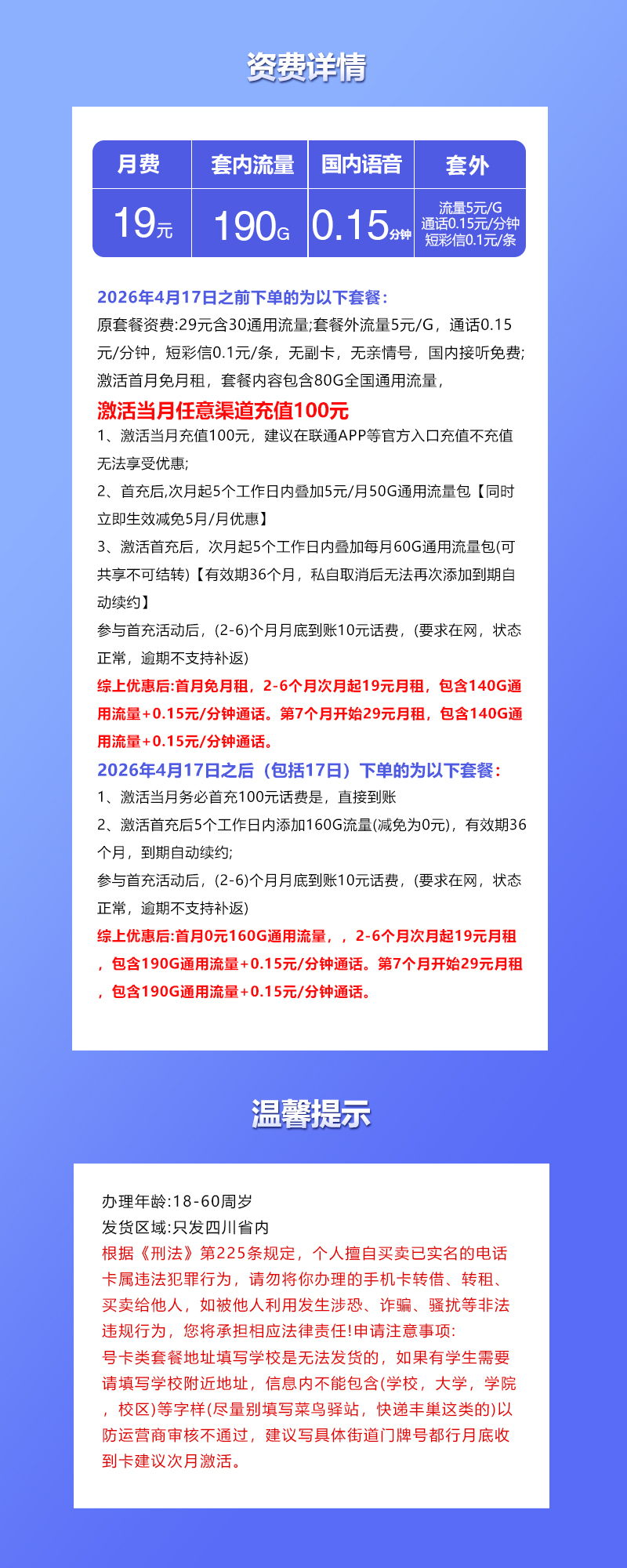 四川联通专享卡【19元190G】 详情图