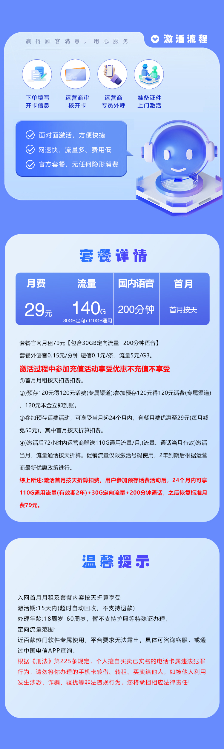 浙江电信省内专属卡【29元140G+200分钟】 详情图