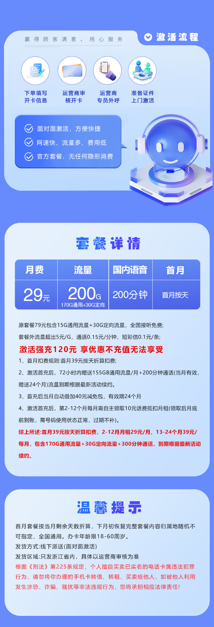 浙江电信专属卡【29元200G+200分钟】 详情图