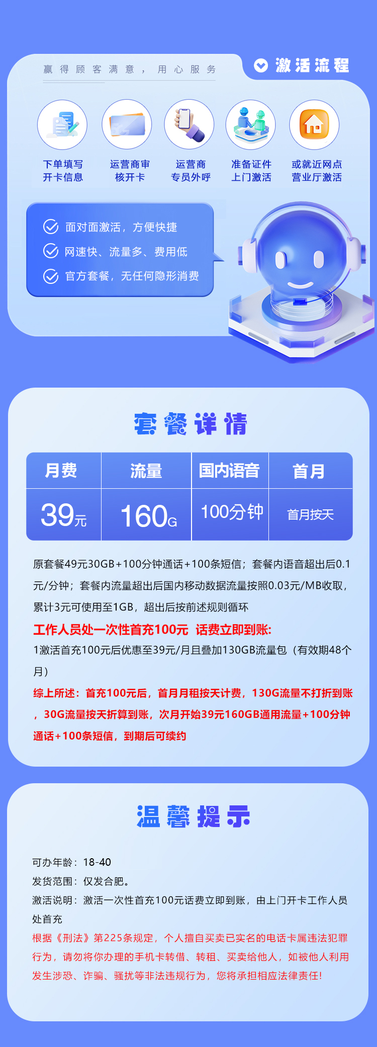 安徽合肥移动专属卡2.0【39元/月160G+100分钟】 详情图