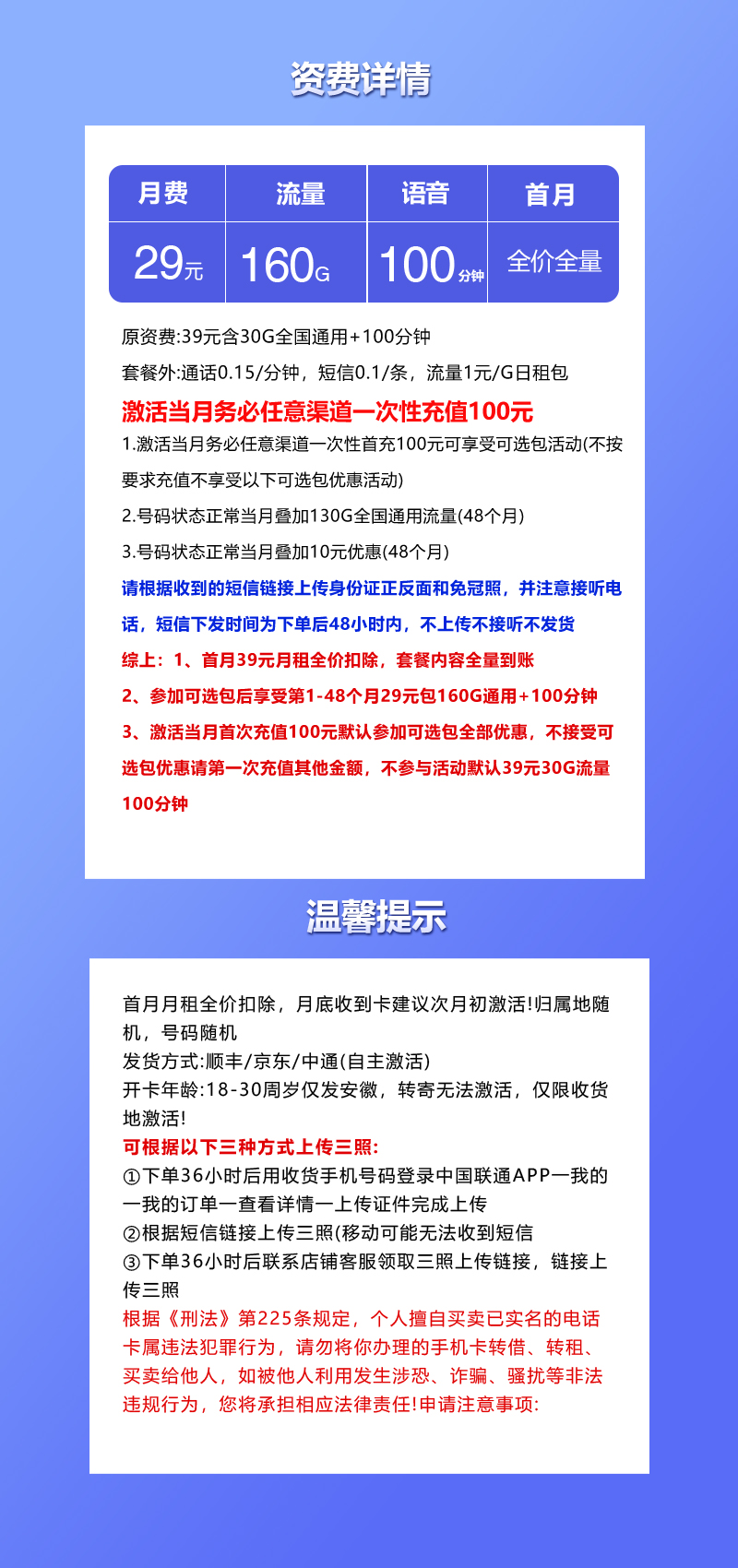 安徽联通省内专属卡2.0【参加可选包后29元160G+100分钟】 详情图