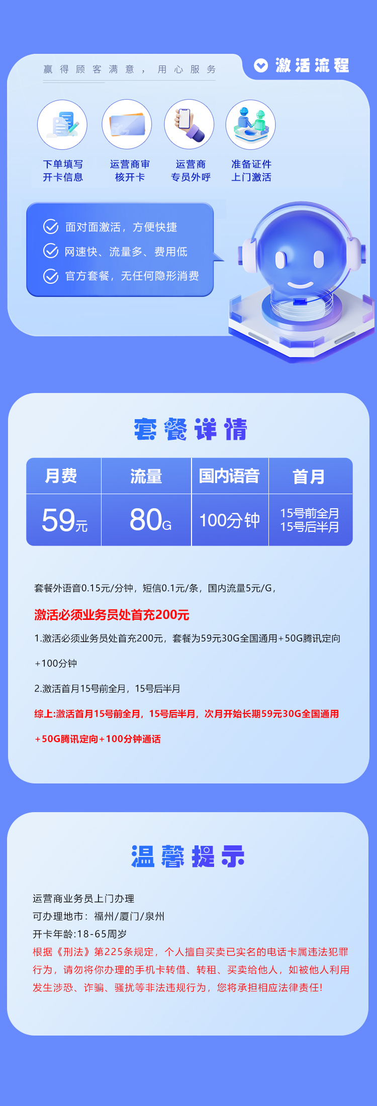 福建联通专享卡【59元80G+100分钟】仅发福州/厦门/泉州 详情图
