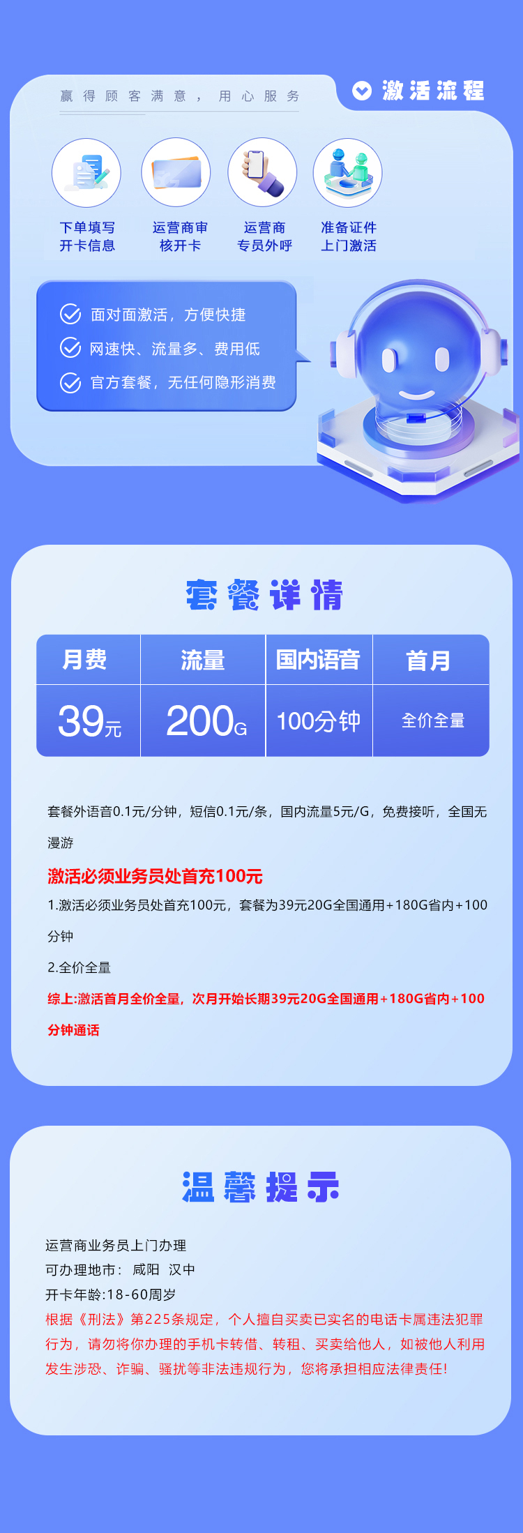 陕西联通专属卡【39元200G+100分钟】仅发咸阳/汉中 详情图