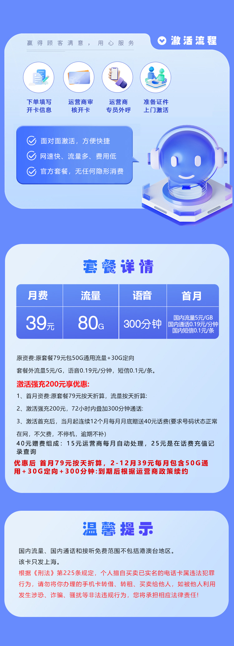 上海移动专属卡4.0【39元80G+300分钟】 详情图