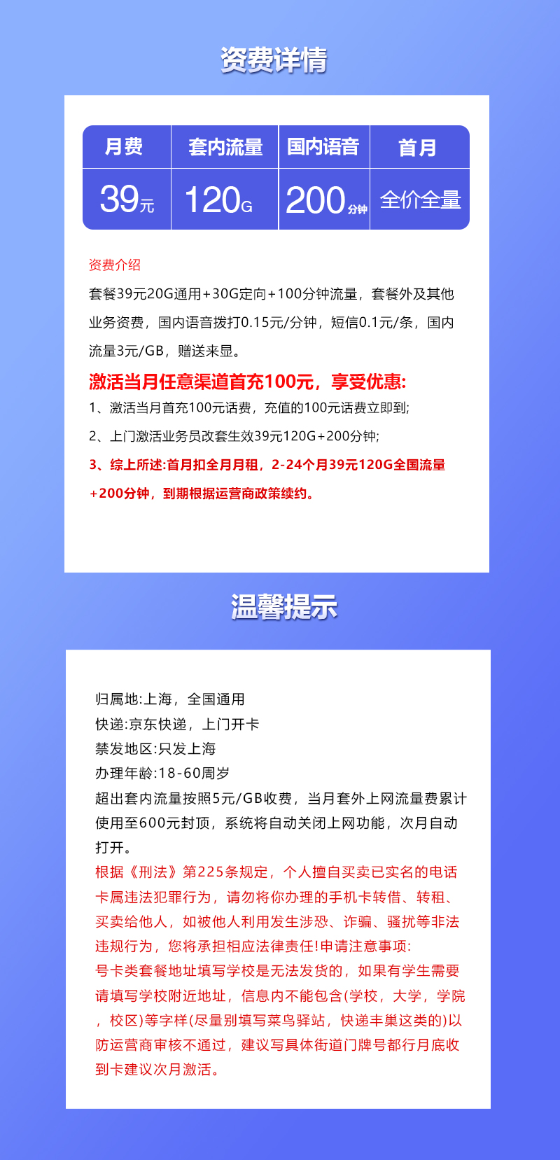 上海联通专享卡【39元120G+200分钟】 详情图