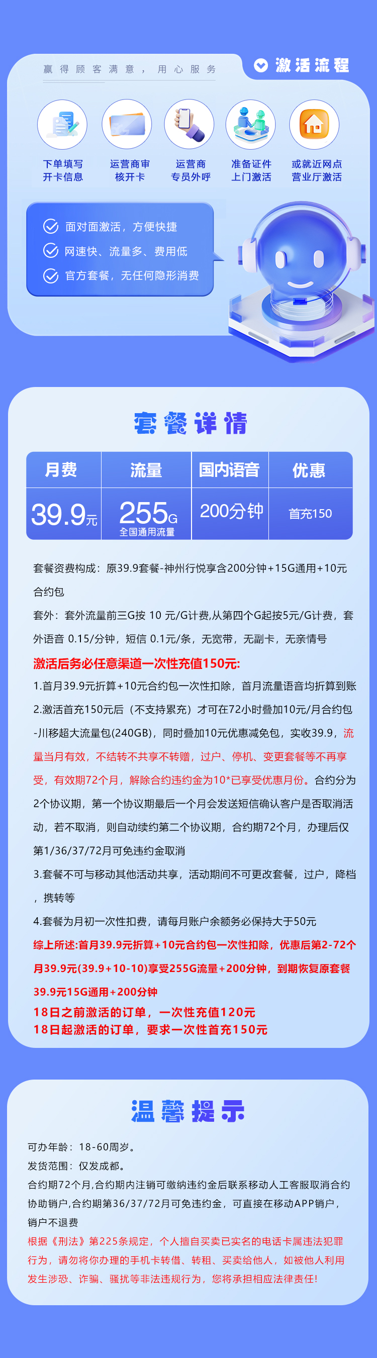 四川移动专属卡【39.9元255G+200分钟】仅发成都 详情图