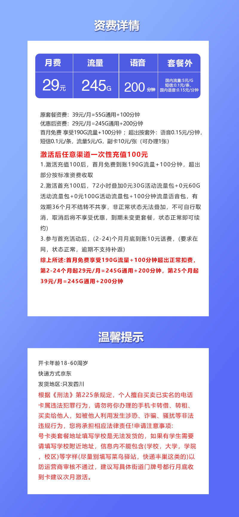 四川省内联通专属卡【29元245G+200分钟】 详情图