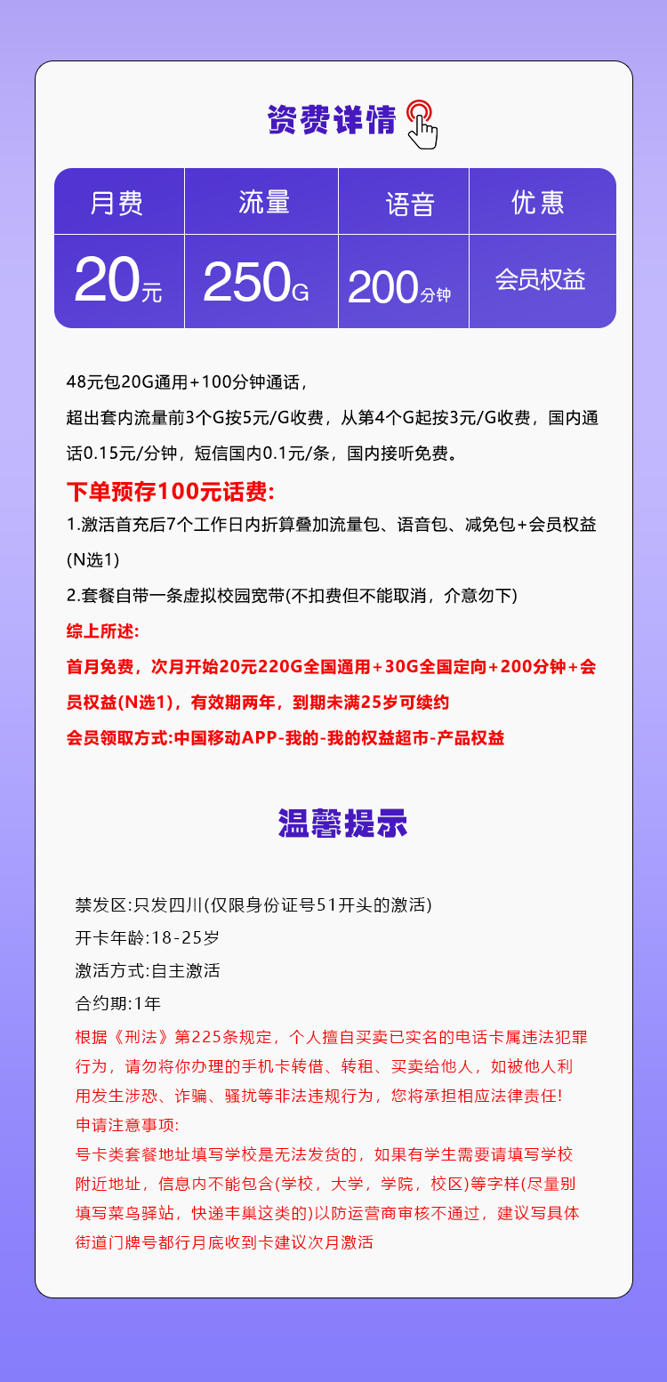 四川省内移动专属卡【20元250G+200分钟+会员】 详情图