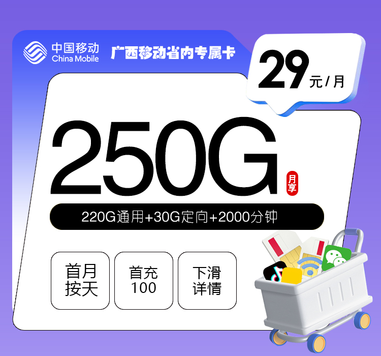 广西移动省内专属卡【29元250G+2000分钟】 广西移动省内专属卡【29元250G+2000分钟】