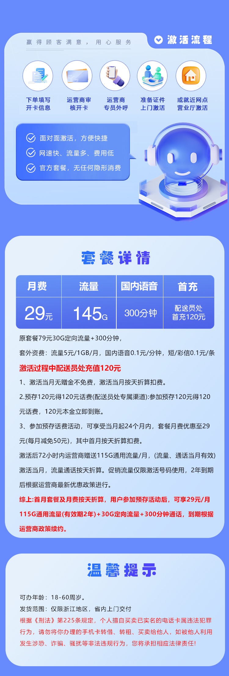 浙江省内电信卡【29元145G+300分钟】 详情图