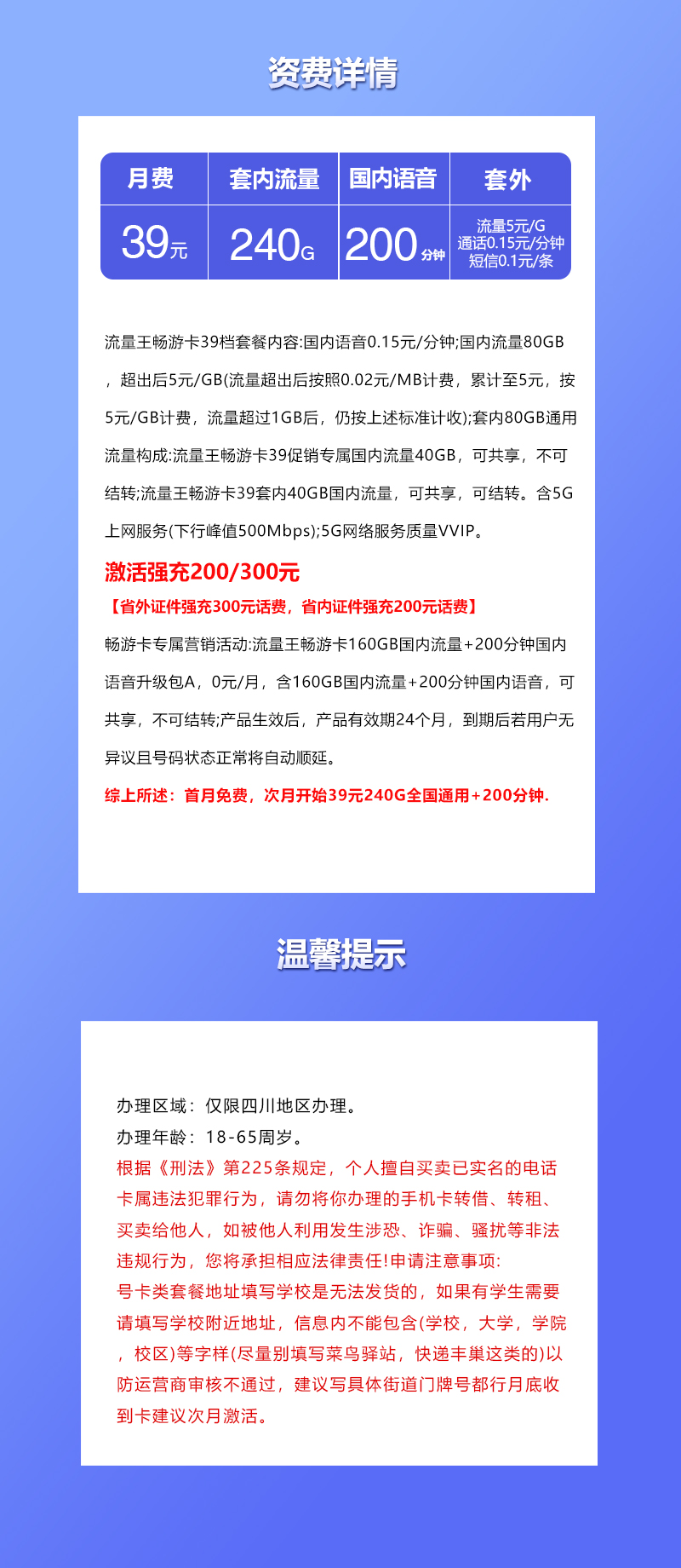 联通四川省内专属卡【39元240G+200分钟】 详情图 1