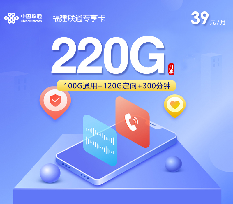 福建联通专享卡【39元220G+300分钟】