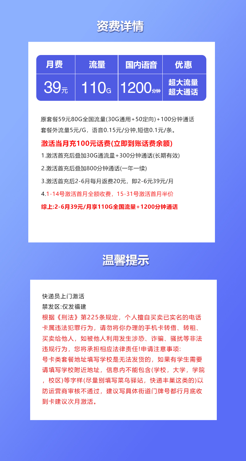 福建联通专享卡【39元110G+1200分钟】 详情图 1
