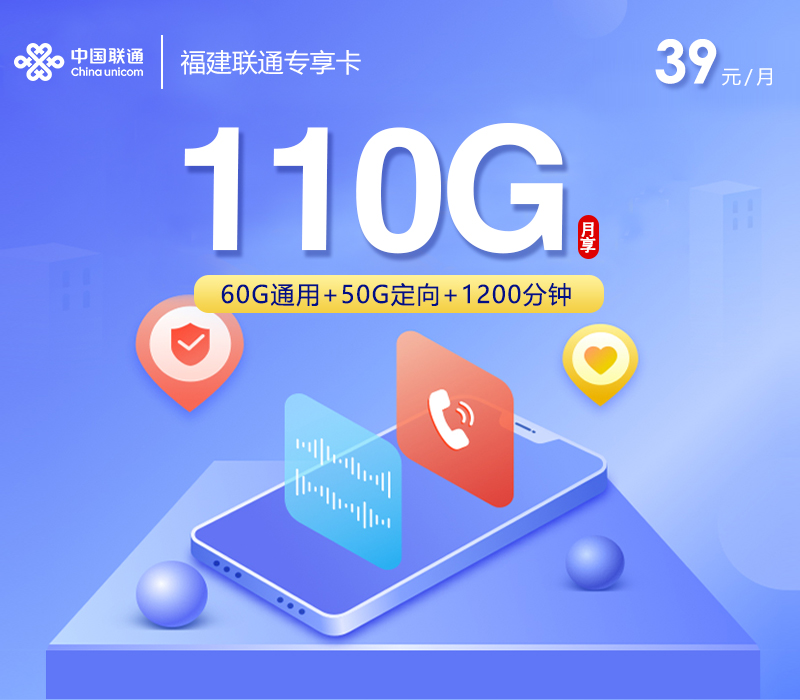 172号卡产品推荐:福建联通专享卡【39元110G+1200分钟】