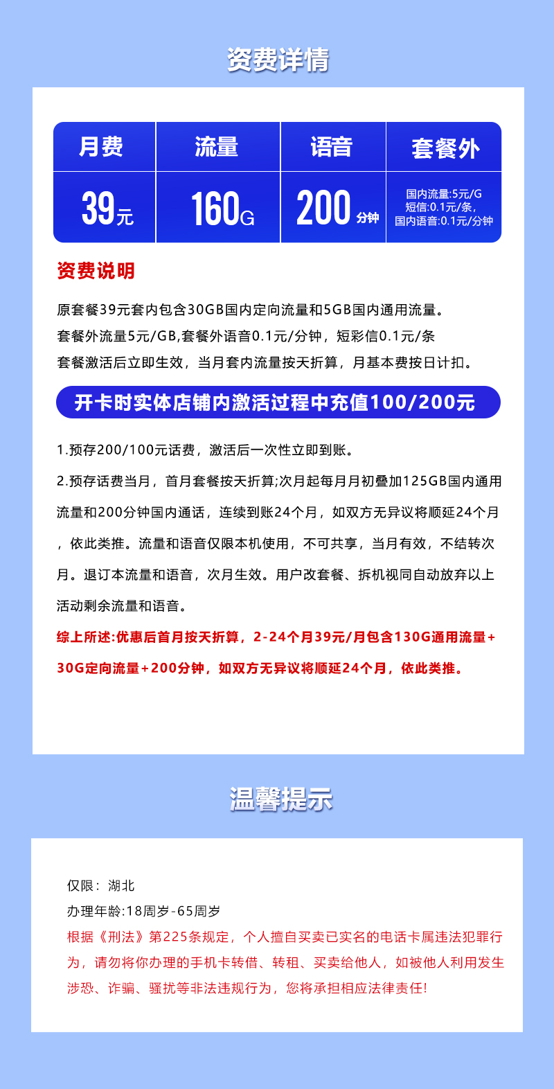 【实体卡】湖北电信39元160G+200分钟 详情图