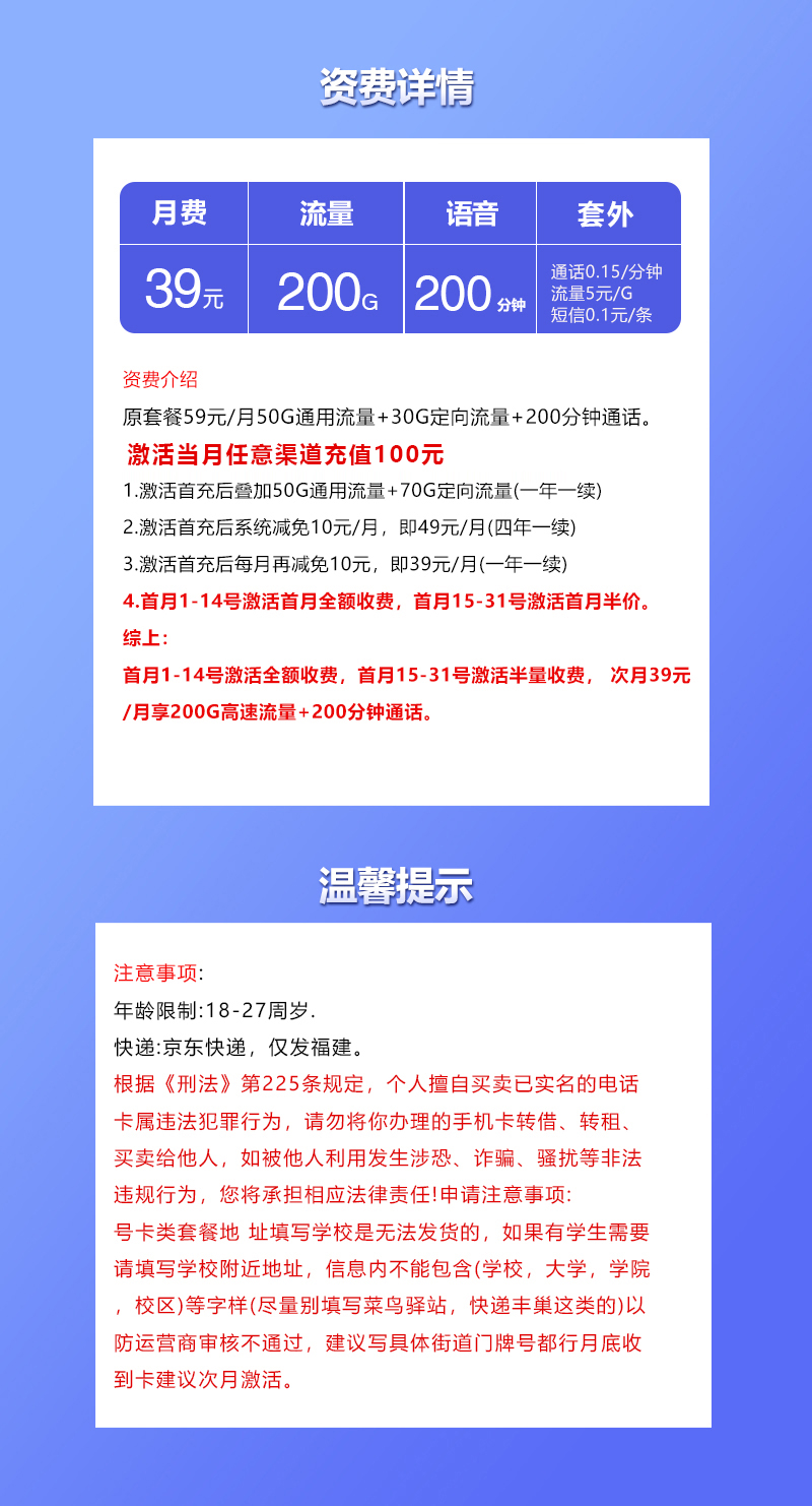 福建专享联通卡【39元200G+200分钟】 详情图 1