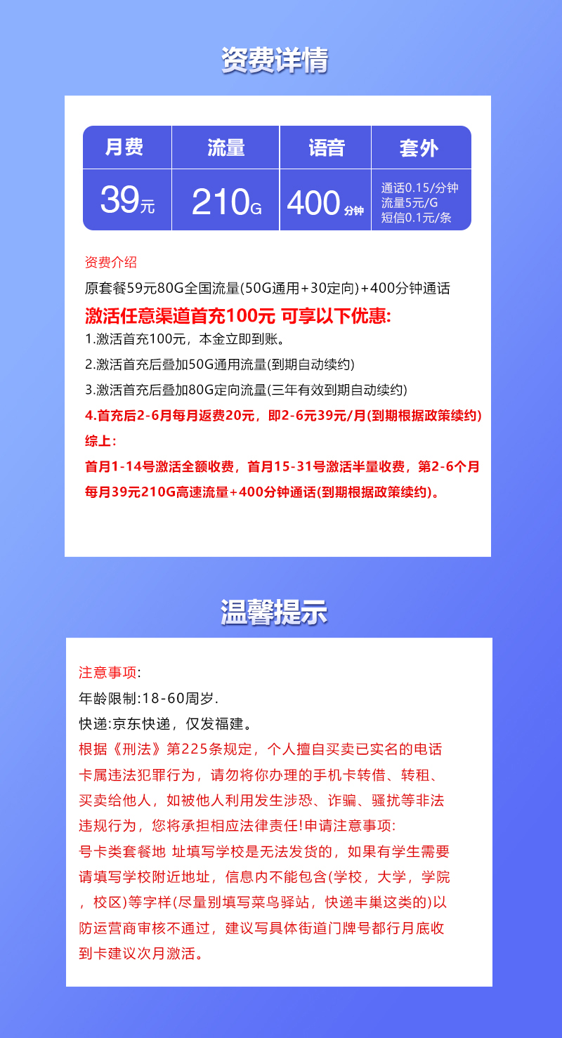 福建专属联通卡【39元210G+400分钟】 详情图 1