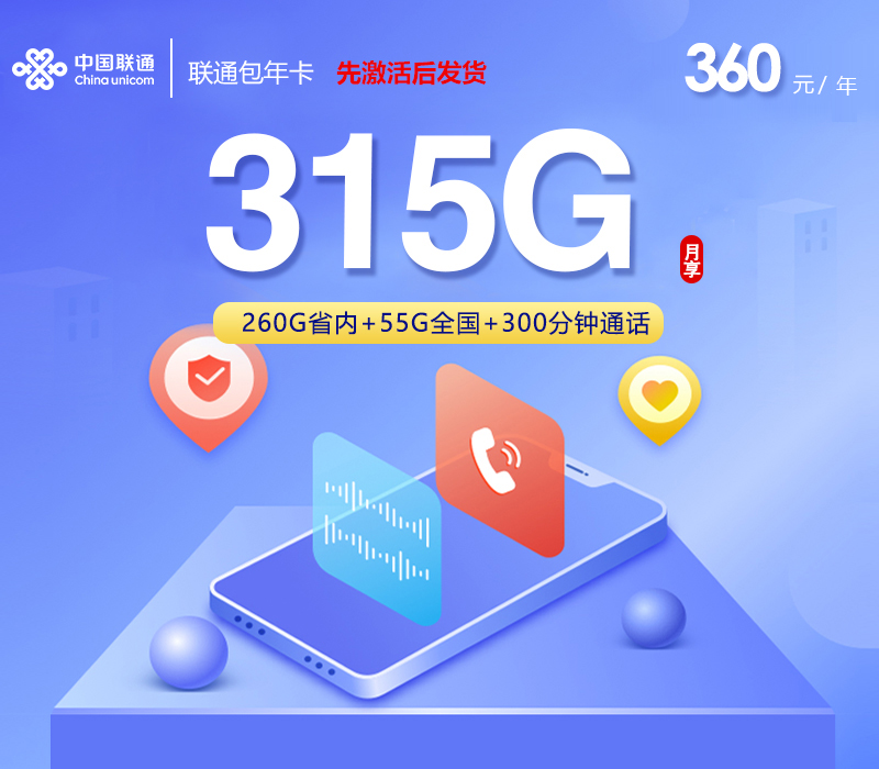 联通360元包年卡【每月315G+300分钟】【仅发山东】