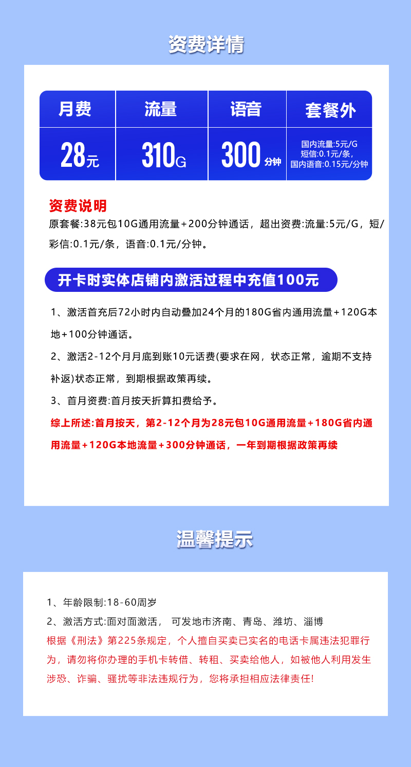 【实体卡】山东电信28元310G 详情图
