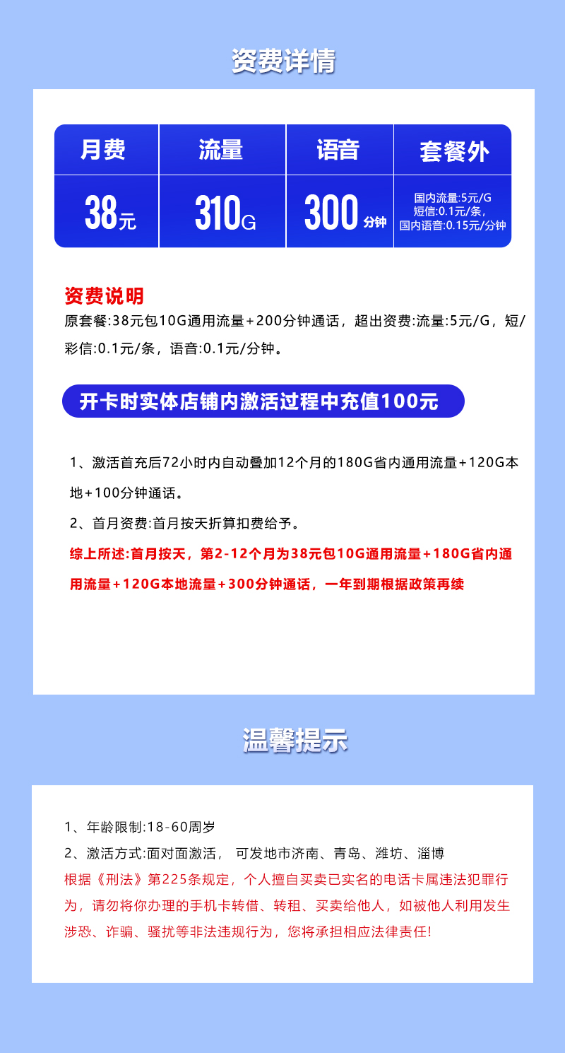【实体卡】山东电信38元310G 详情图
