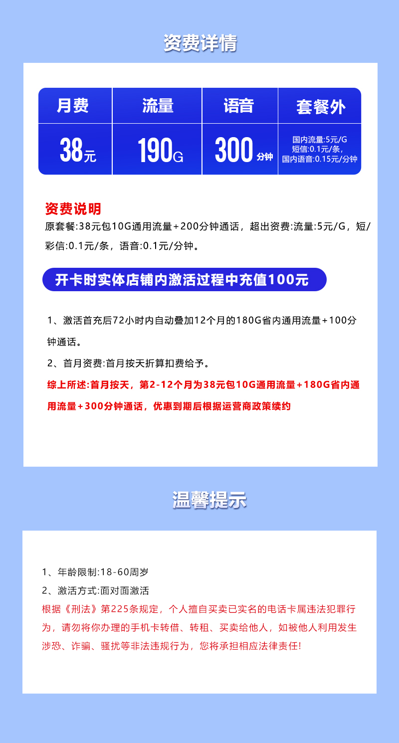 【实体卡】山东电信38元190G 详情图