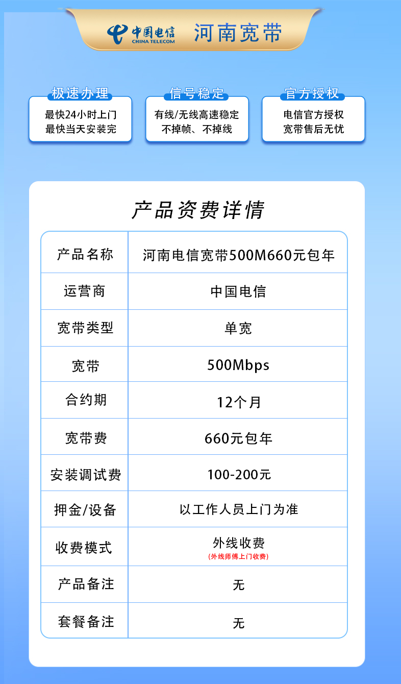 河南电信500M660元包1年+200安装费 null