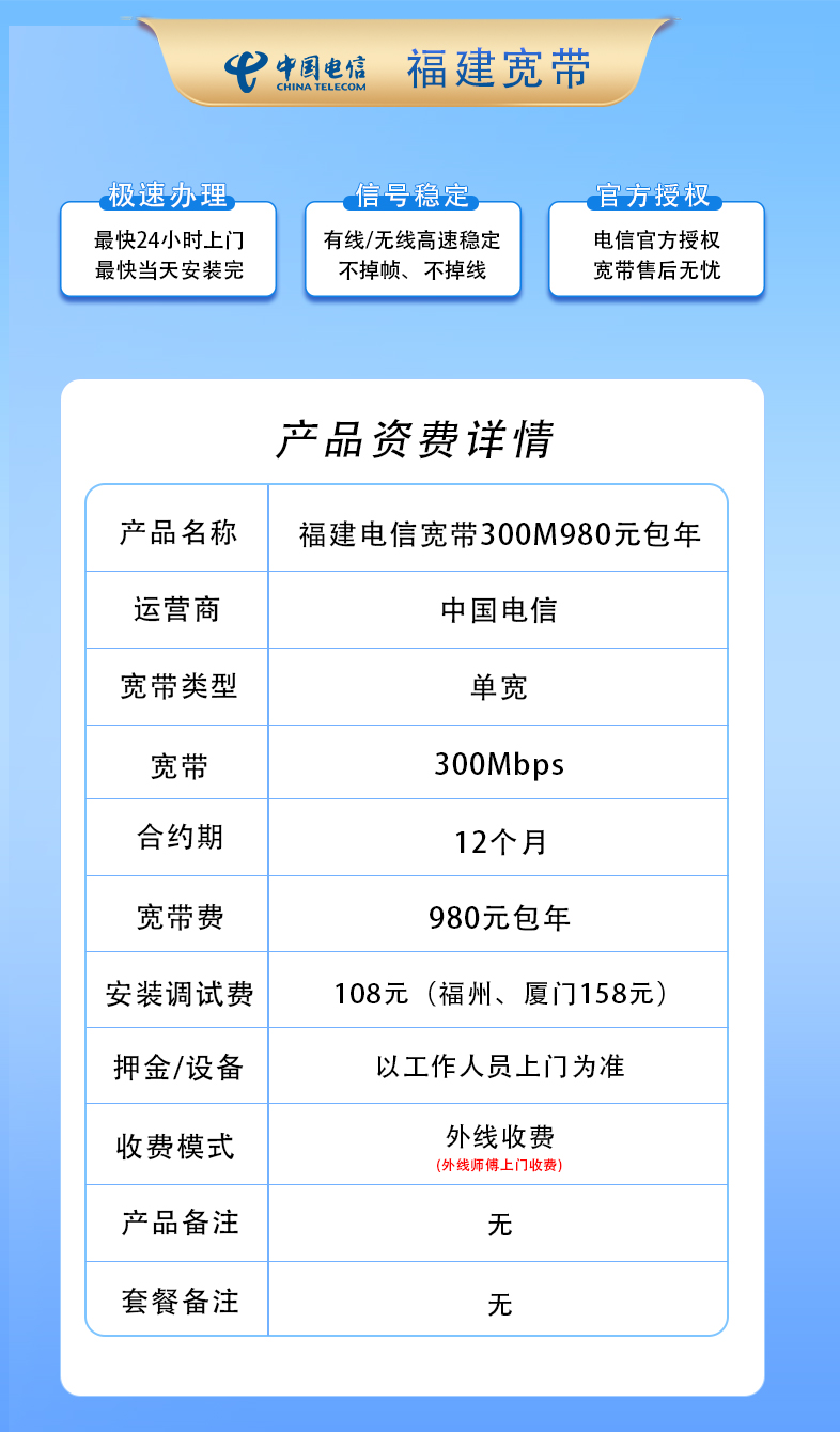 福建电信300M980元包1年+158元安装费 null