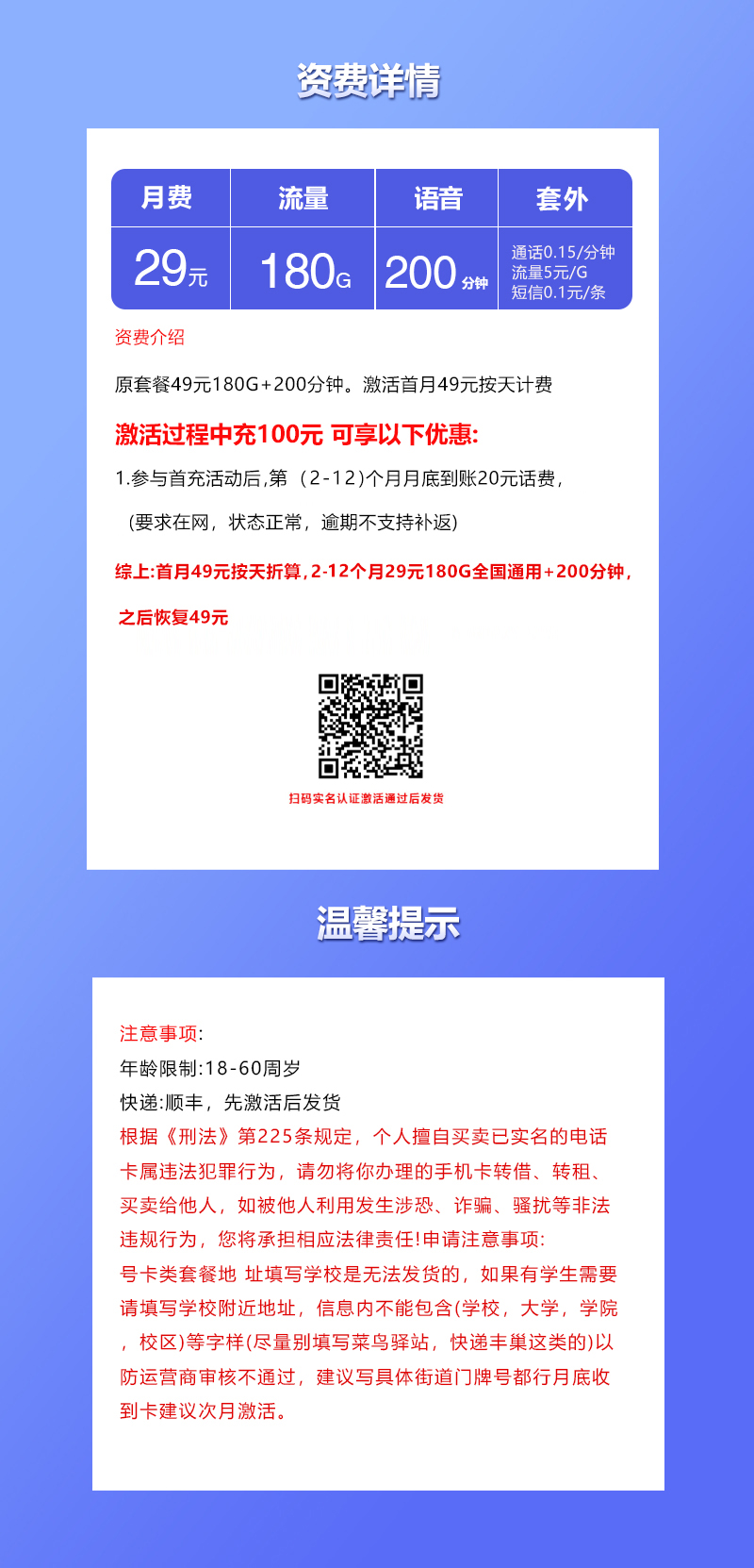 联通飞元卡【首年29元180G+200分钟】 套餐详情图