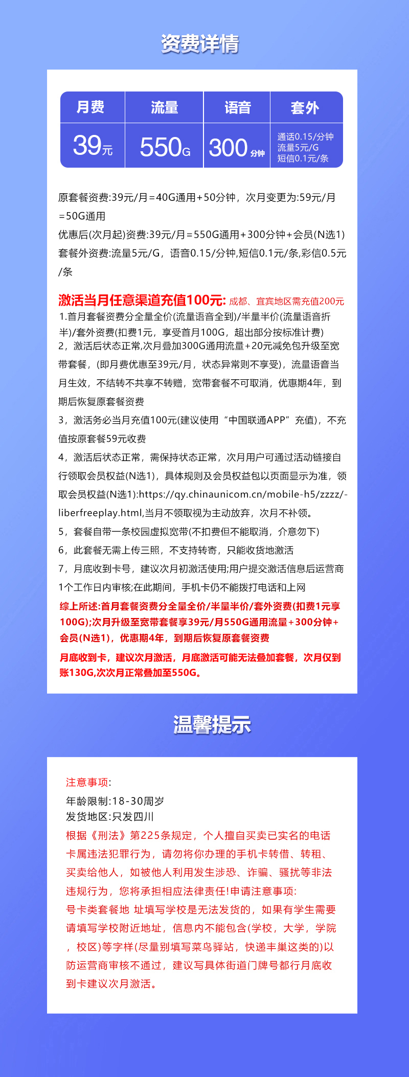 联通四川专享卡【39元550G+300分钟+会员】 套餐详情图