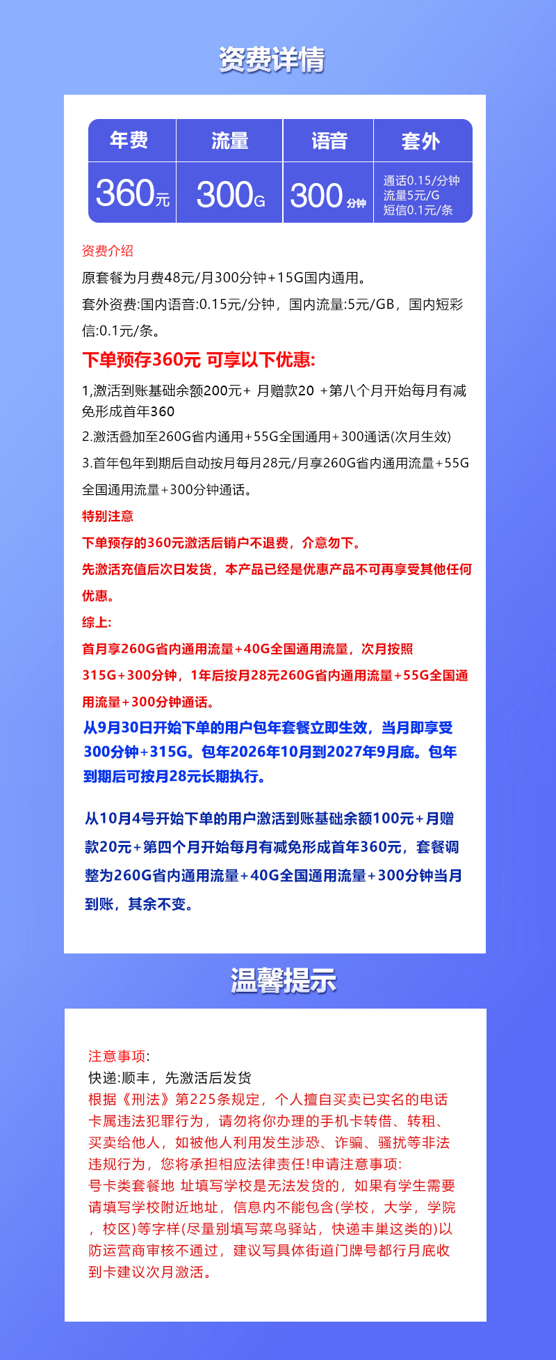 联通360元包年卡【每月300G+300分钟】【仅发山东】 套餐详情图