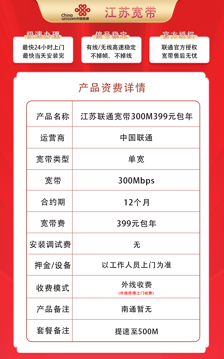 江苏联通提速至500M399元包1年 null