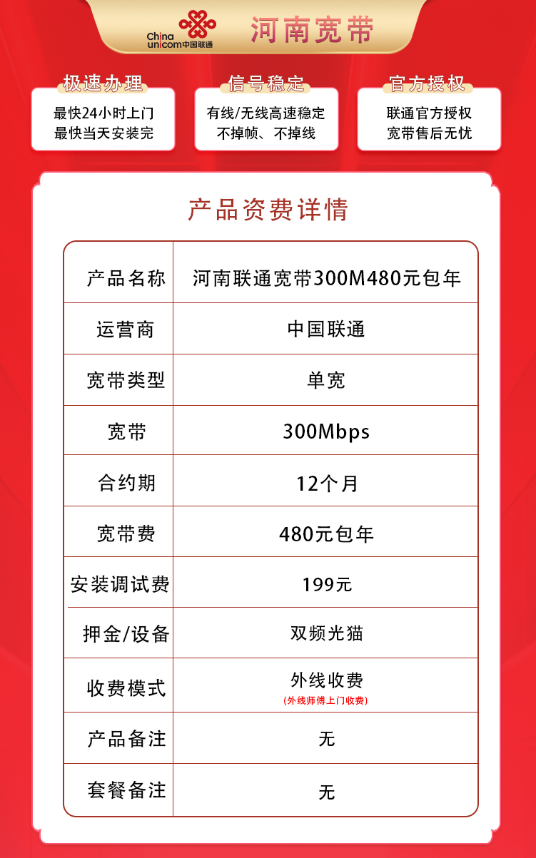 河南联通300M480元包1年+199安装费 null