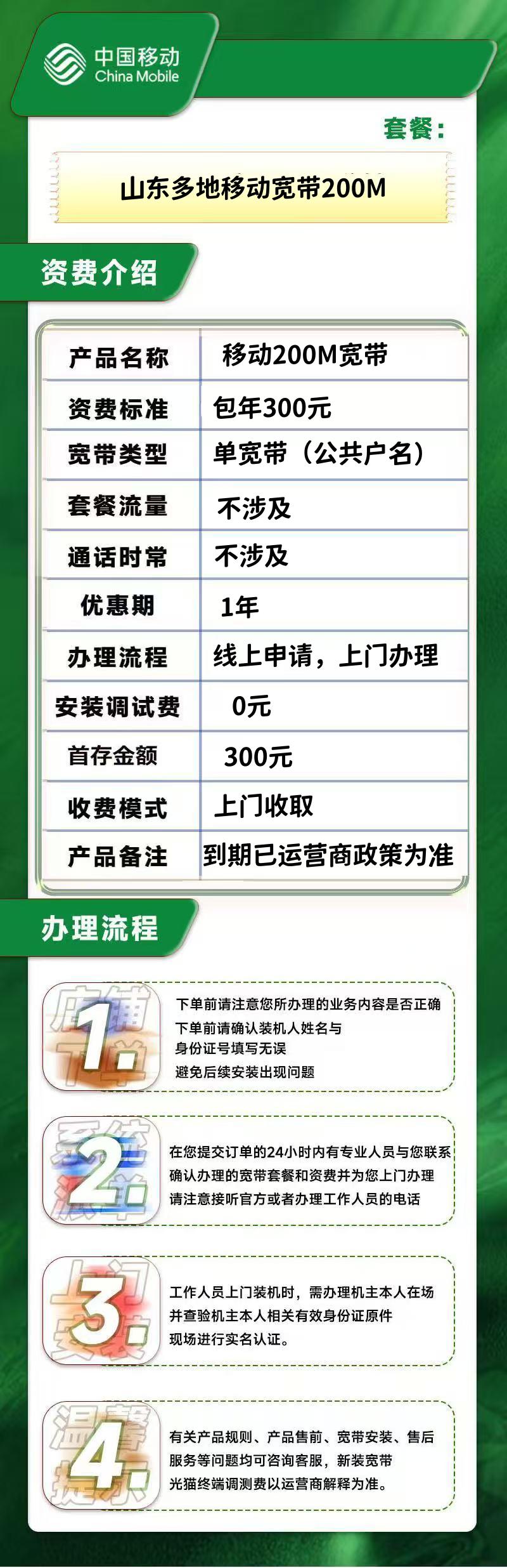 山东移动200M包年含安装费300元(公共户名)(可办地区:济南/济宁/临沂/德州/日照/滨州/菏泽/烟台/泰安) 19f1f00b5c664de8b398a74191b0813b