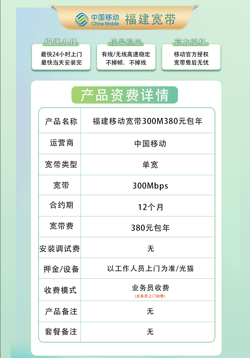 福建移动300M380元包1年 null
