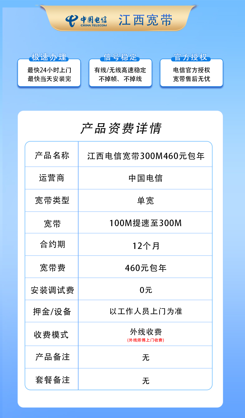 江西电信100M提速至300M460元包1年 null