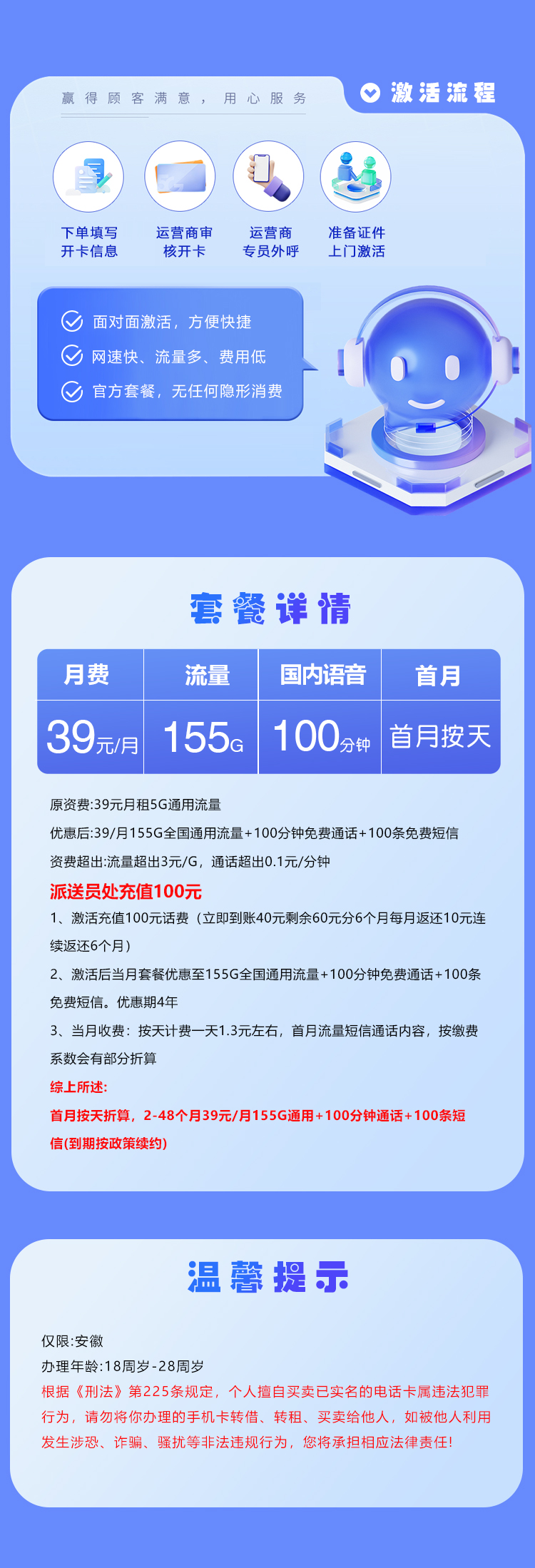 电信安徽省内专享卡【39元155G+100分钟】 套餐详情图