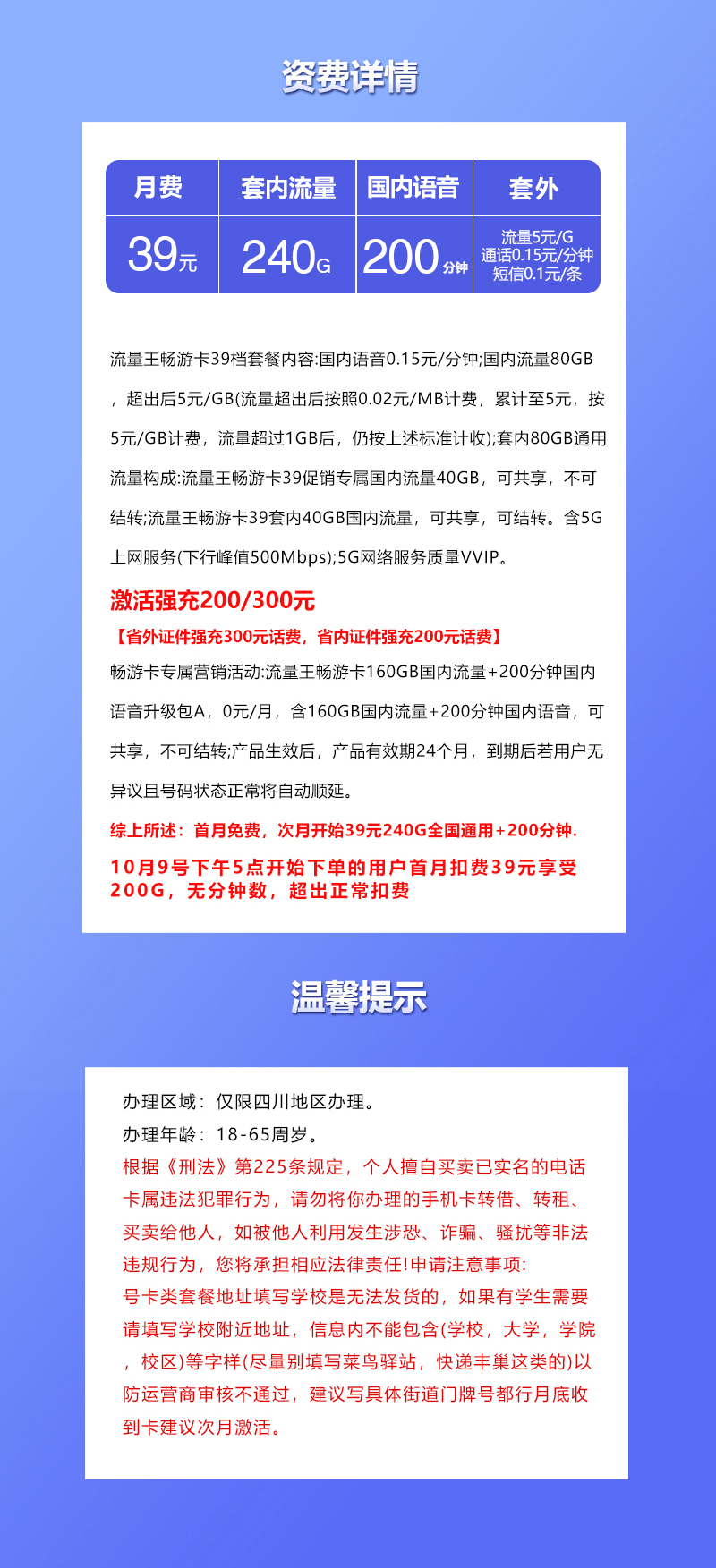 联通四川省内专属卡2.0【39元240G+200分钟】 套餐详情图