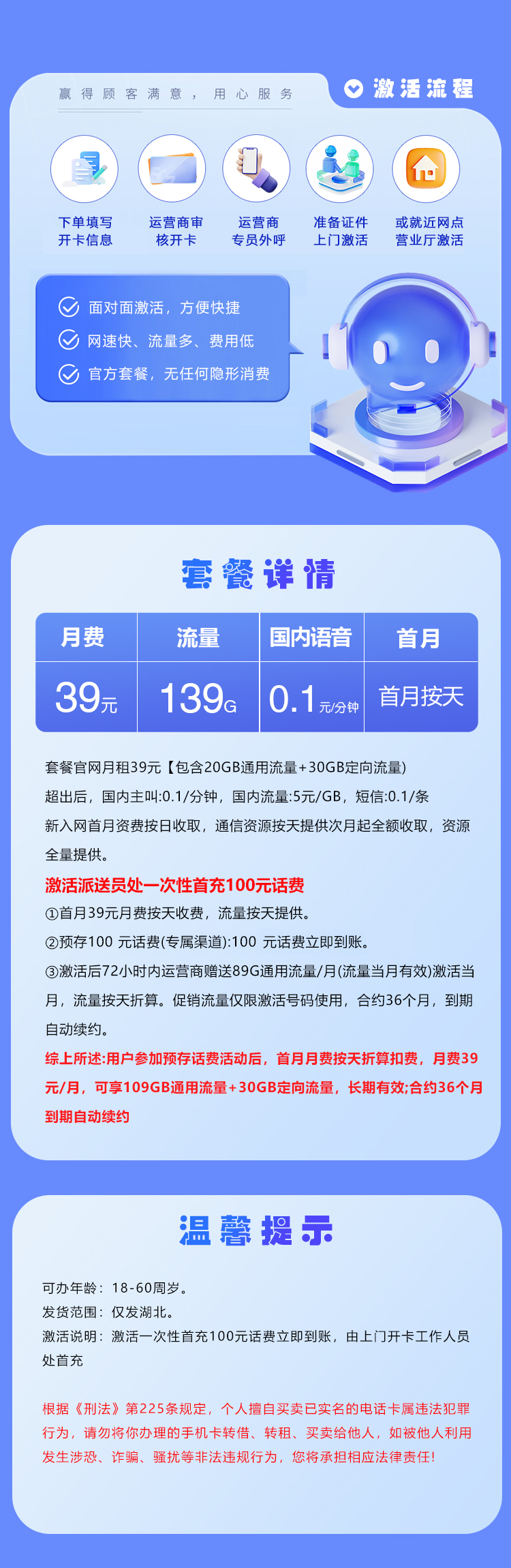 湖北省内专属卡【39元139G】 套餐详情图