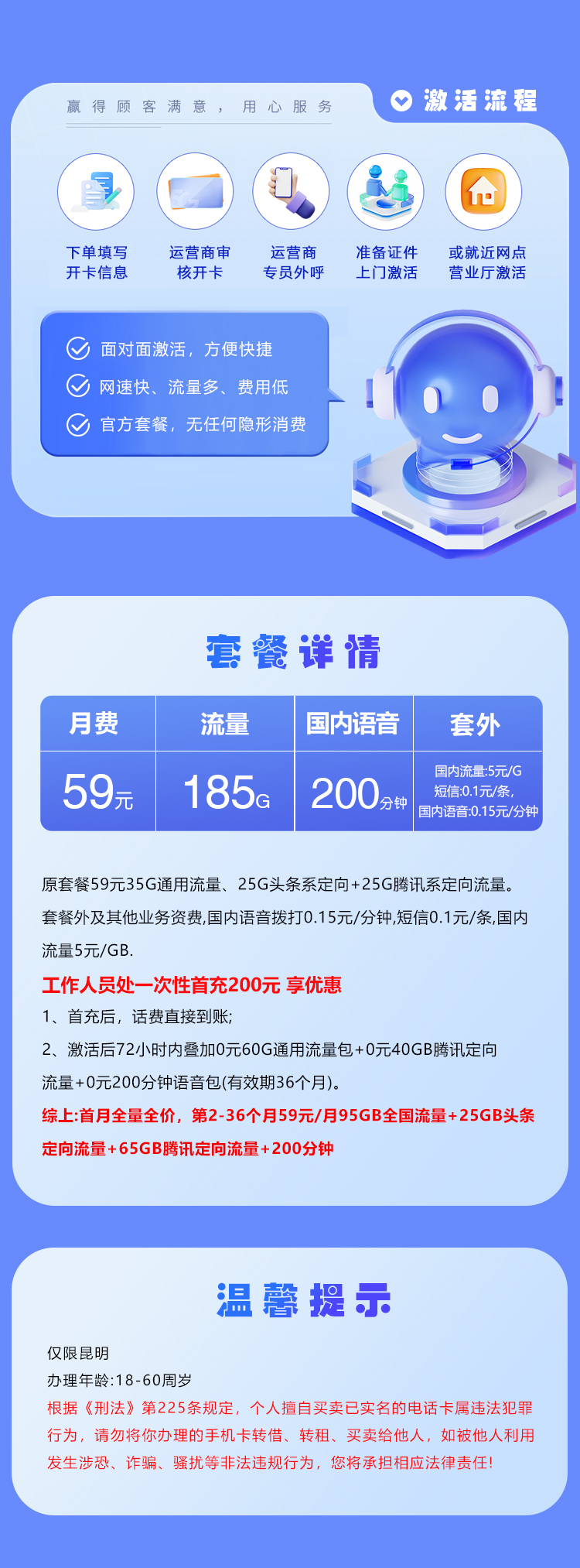 联通云南专属卡【59元185G+200分钟】 仅限昆明 套餐详情图