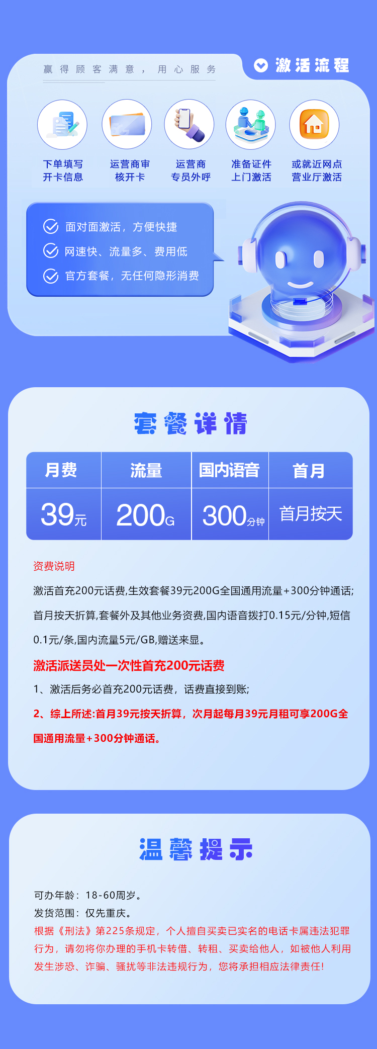 联通重庆专属卡【39元200G+300分钟】 套餐详情图